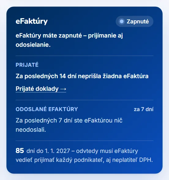 Karta eFaktúry v Prehľade – stav, prijaté a odoslané eFaktúry