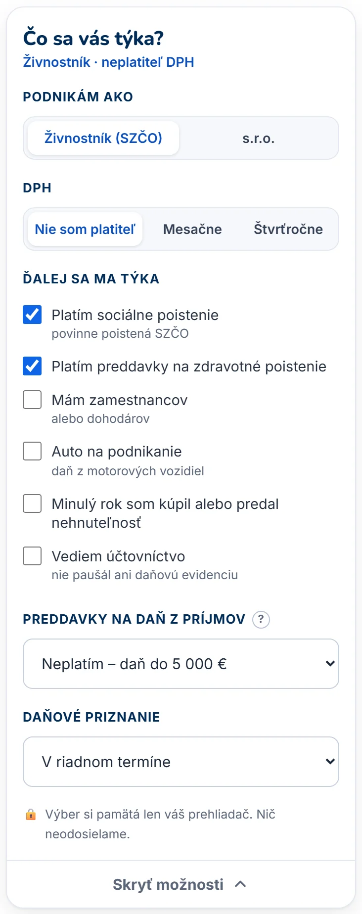 Daňový kalendár na mobile – rozbalené nastavenie profilu