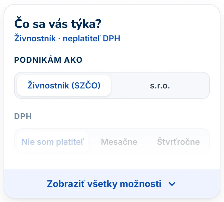 Daňový kalendár na mobile – zbalené nastavenie profilu