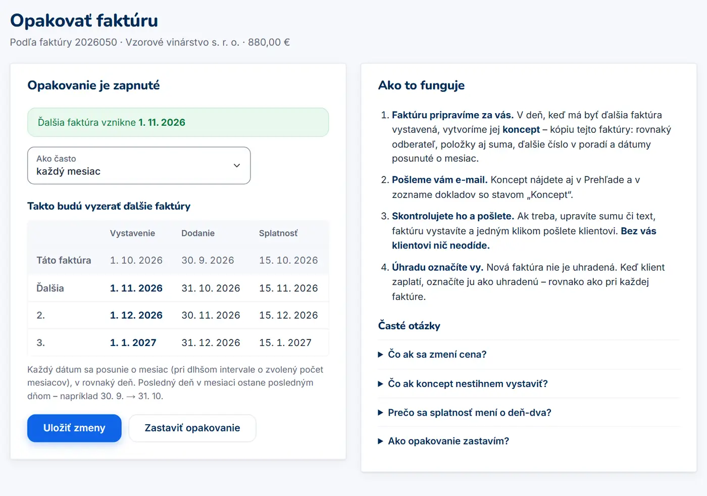 Stránka Opakovať faktúru s dátumami ďalších faktúr a vysvetlením, ako opakovanie funguje