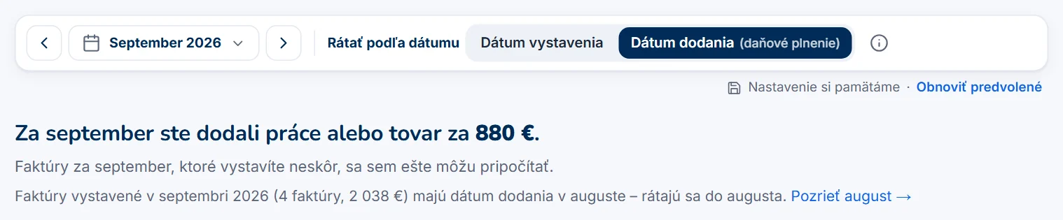 Prehľad rátaný podľa dátumu dodania s upozornením na faktúry s dodaním v inom mesiaci