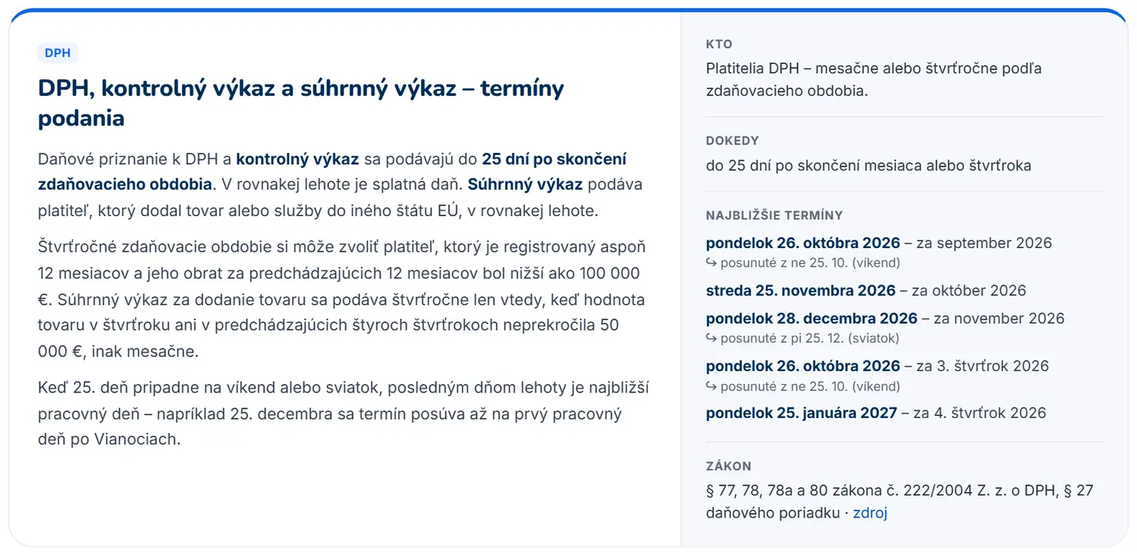 Prehľad povinností – DPH, kontrolný výkaz a súhrnný výkaz