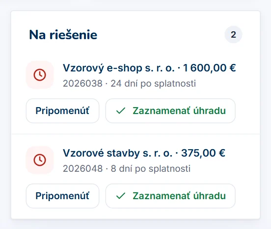 Časť Na riešenie s faktúrami po splatnosti a tlačidlami Pripomenúť a Zaznamenať úhradu