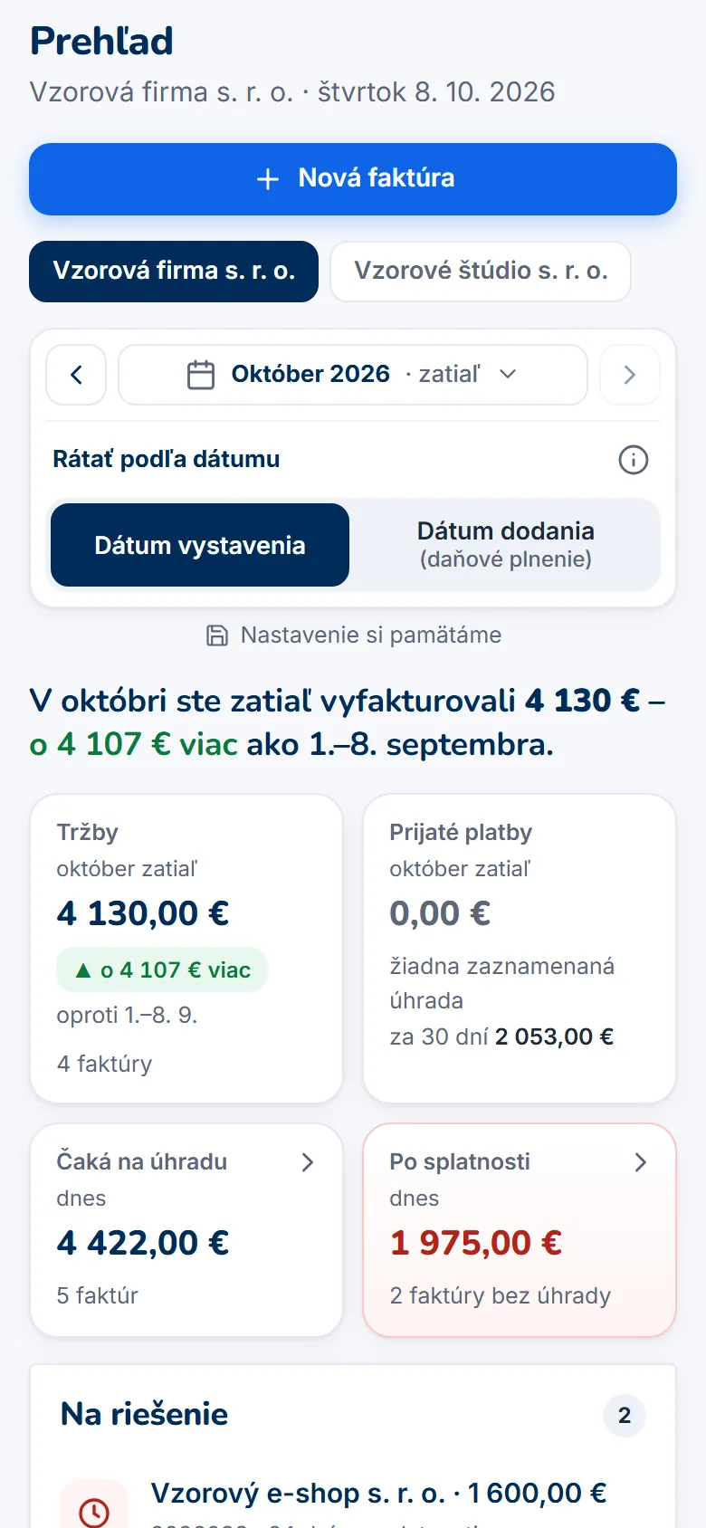 Prehľad FakturujOnline v mobile