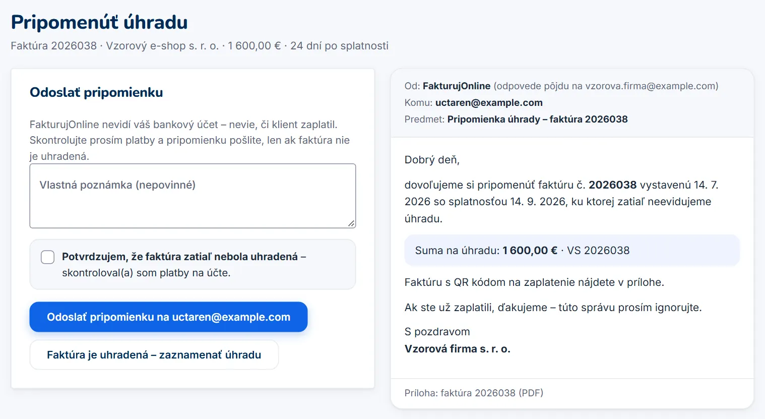Stránka Pripomenúť úhradu s náhľadom e-mailu pre klienta a potvrdením, že faktúra nebola uhradená
