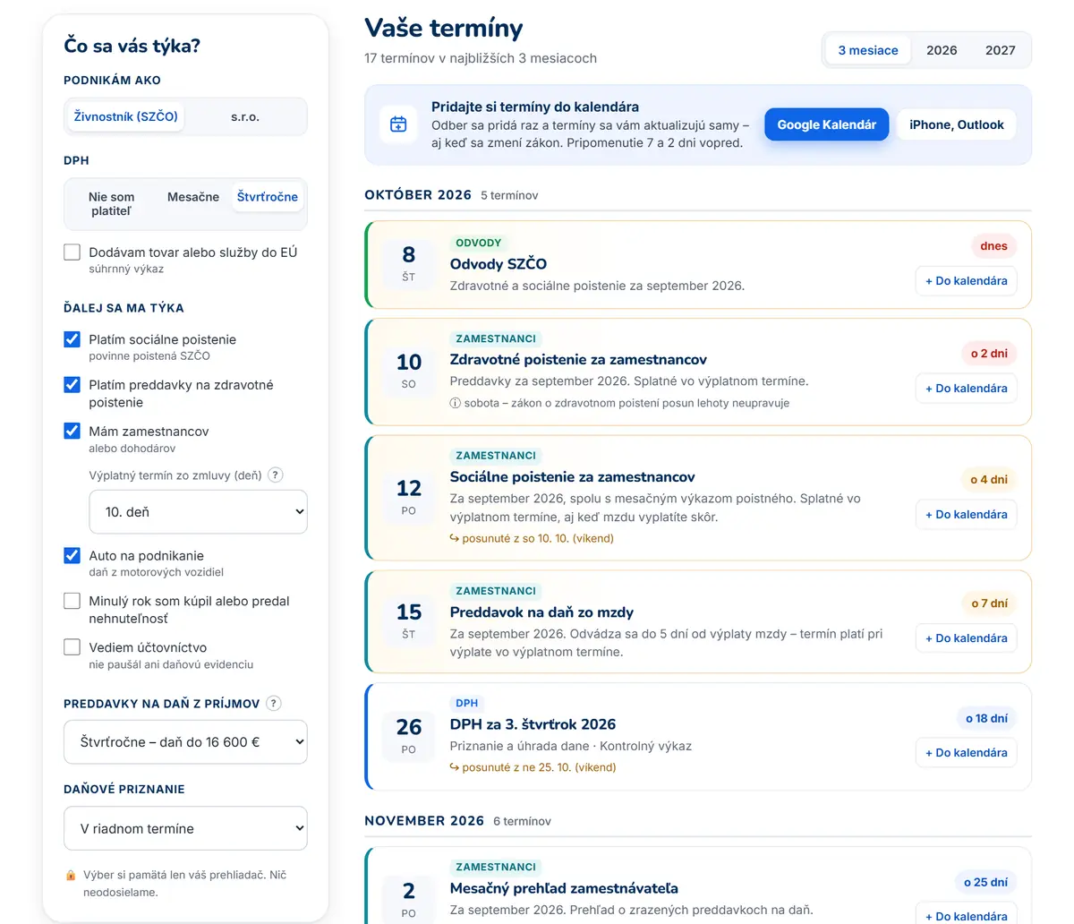 Nastavenie profilu v daňovom kalendári a zoznam termínov