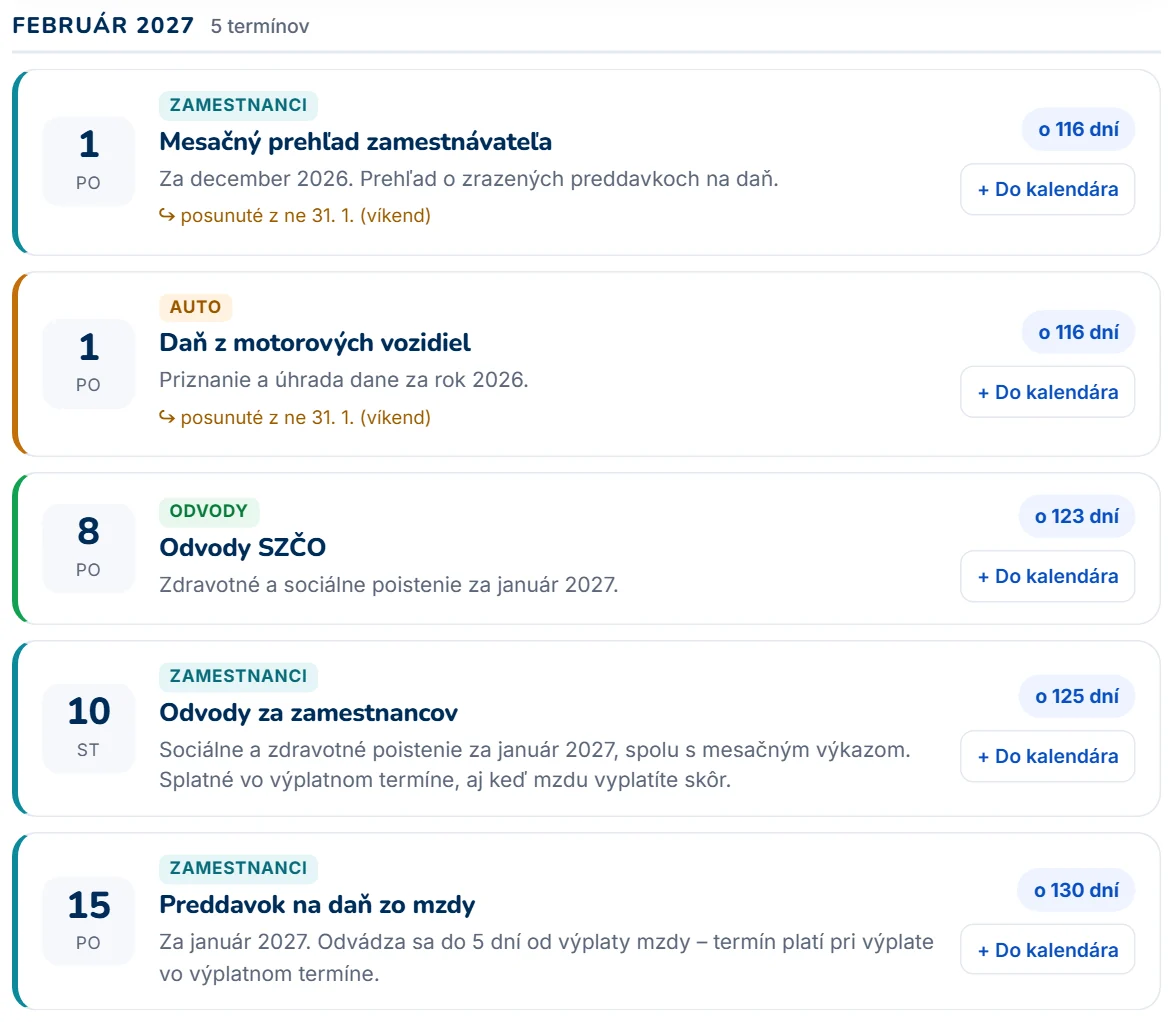 Termíny daňového kalendára za mesiac s farebnými štítkami