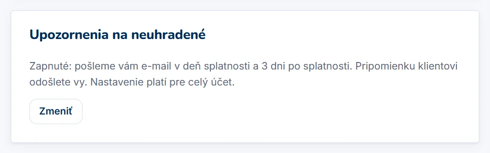 Karta Upozornenia na neuhradené faktúry v Prehľade
