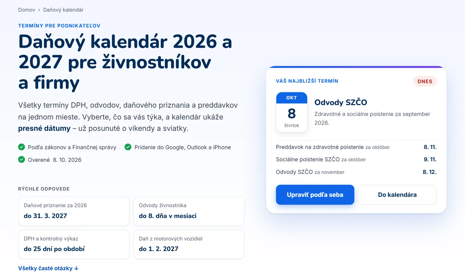 Daňový kalendár FakturujOnline – najbližší termín a rýchle odpovede